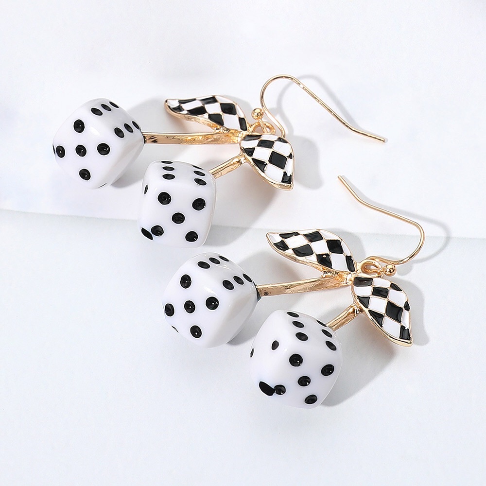 Black & White Enamel Dice Retro Checkered Leaf Statement Earrings